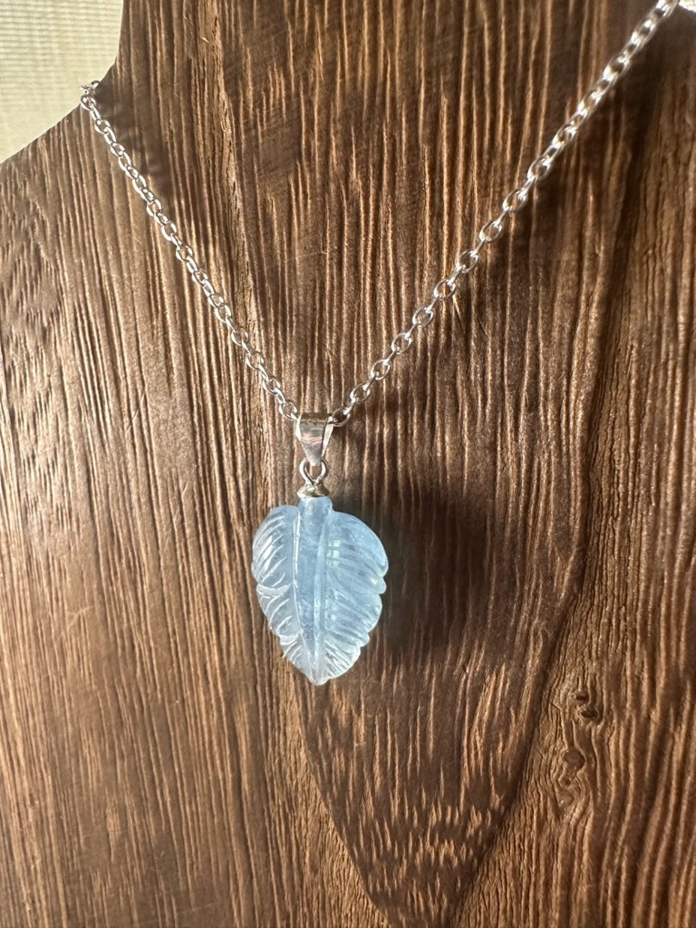 Small Aquamarine Leaf Pendant on Sterling Silver Bail and Silver Plated Chain - Picture 11 of 15